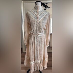 Vintage 70s Gunne Sax Sheer Floral Prairie Cream Lace Boho Cottage Core Dress
